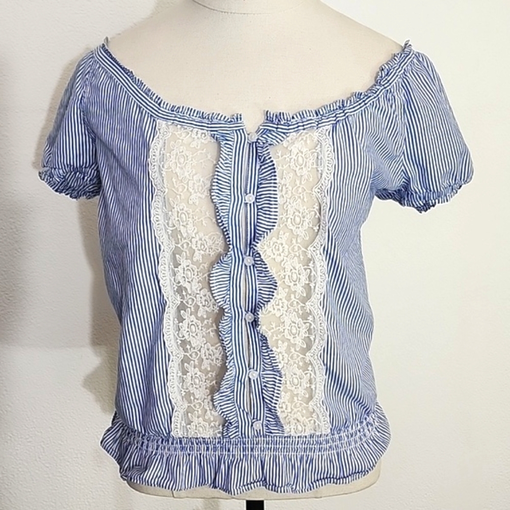 Forever 21 Blouse Y2KPeasant Ruffle Lace Partial Button Down Front Blue Size S - Picture 8 of 9